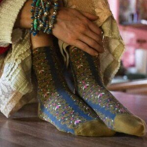 NWT: Three Bird Nest Garden Stitch Socks Navy Mustard Boho Cozy Knit